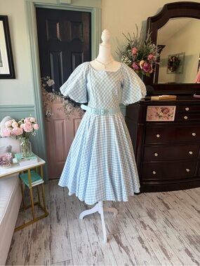 NWOT Light Blue Gingham Midi Dress with Puff Sleeves
